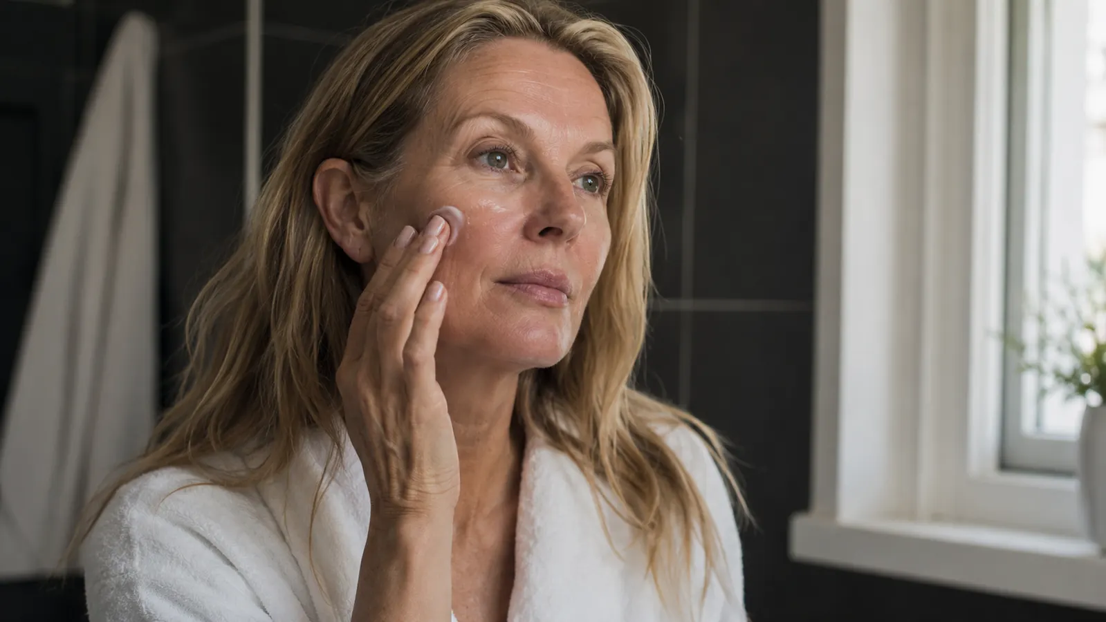 A woman in her fifties applying sunscreen to her face at a bathroom mirror in soft morning light