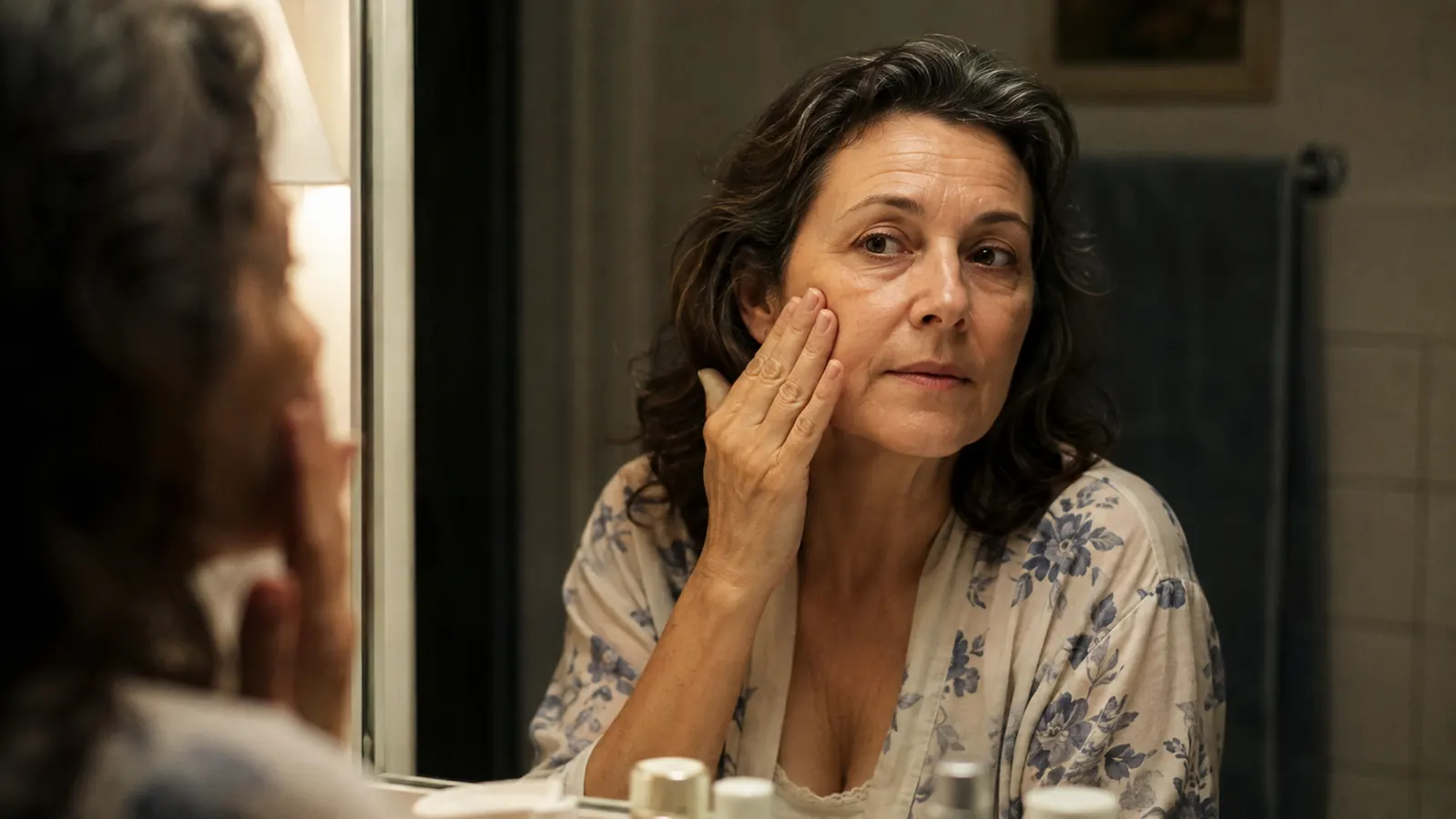 A woman in her fifties applying moisturizer to her face in a dim bathroom before bed, warm lamp light