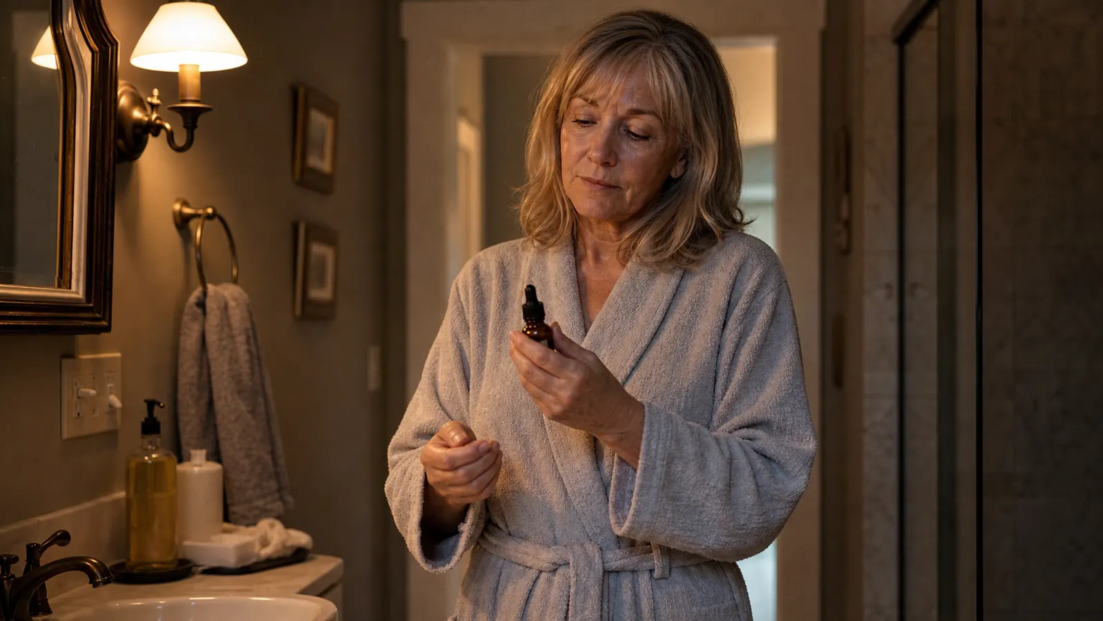 A woman in her fifties applying a small amount of retinol serum to her face at a bathroom mirror at night