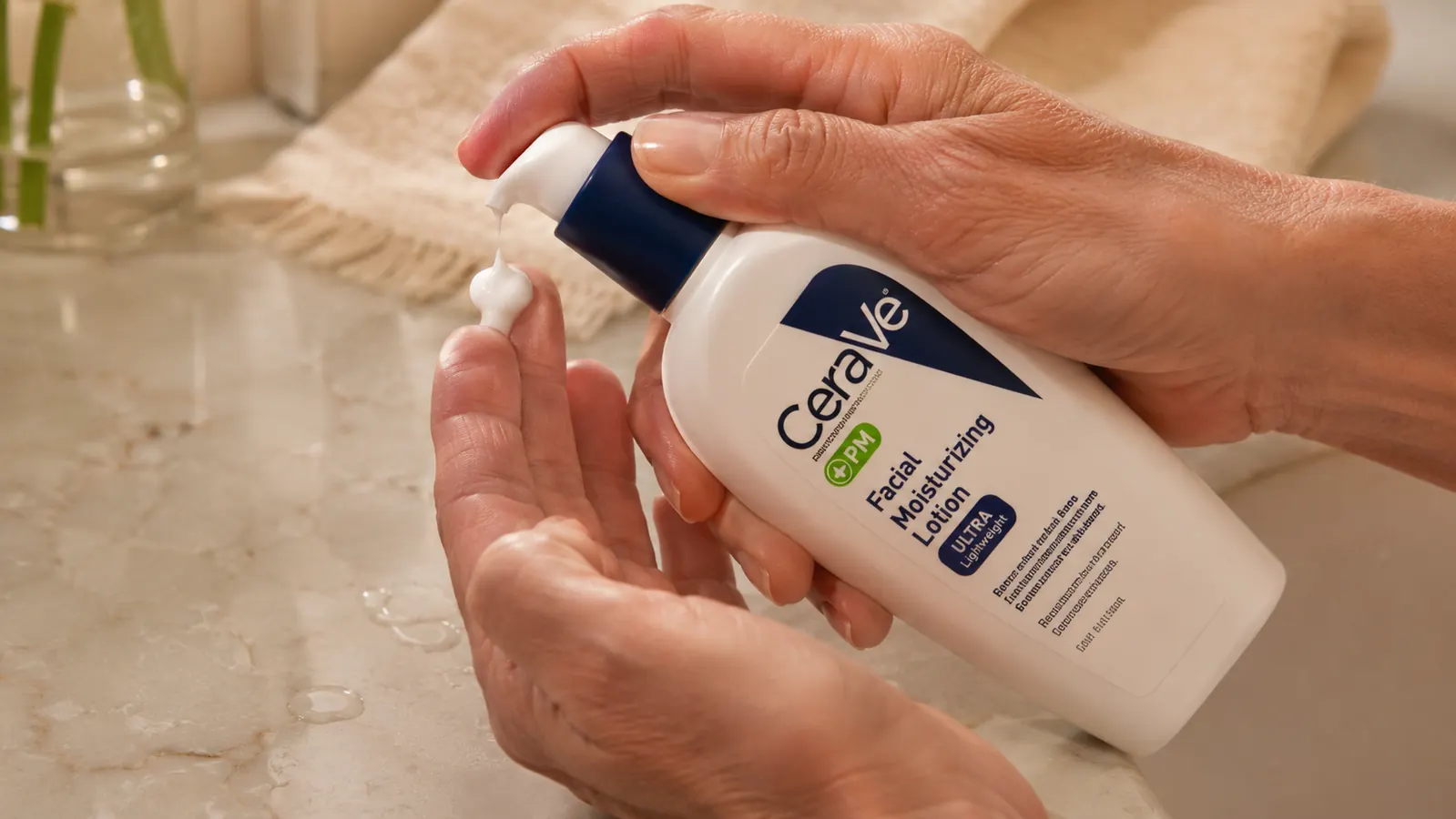 Close-up of a hand pressing a pump dispenser on a white lotion bottle, with a small amount of white lotion dispensed onto a fingertip over a bathroom counter
