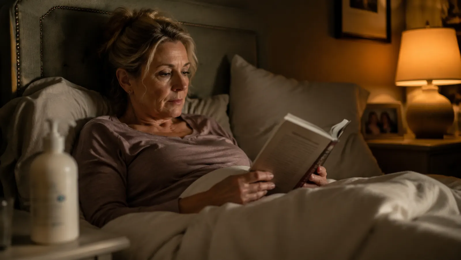 A woman in her fifties reads in bed under a warm reading lamp, a small white lotion bottle visible on the nightstand beside her