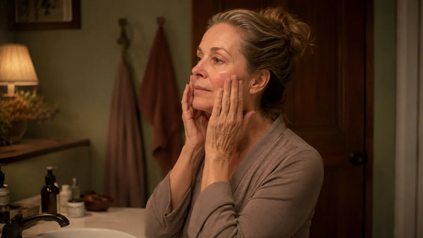 A woman in her fifties standing at a bathroom mirror at night, smoothing lotion onto her cheek in warm lamp light
