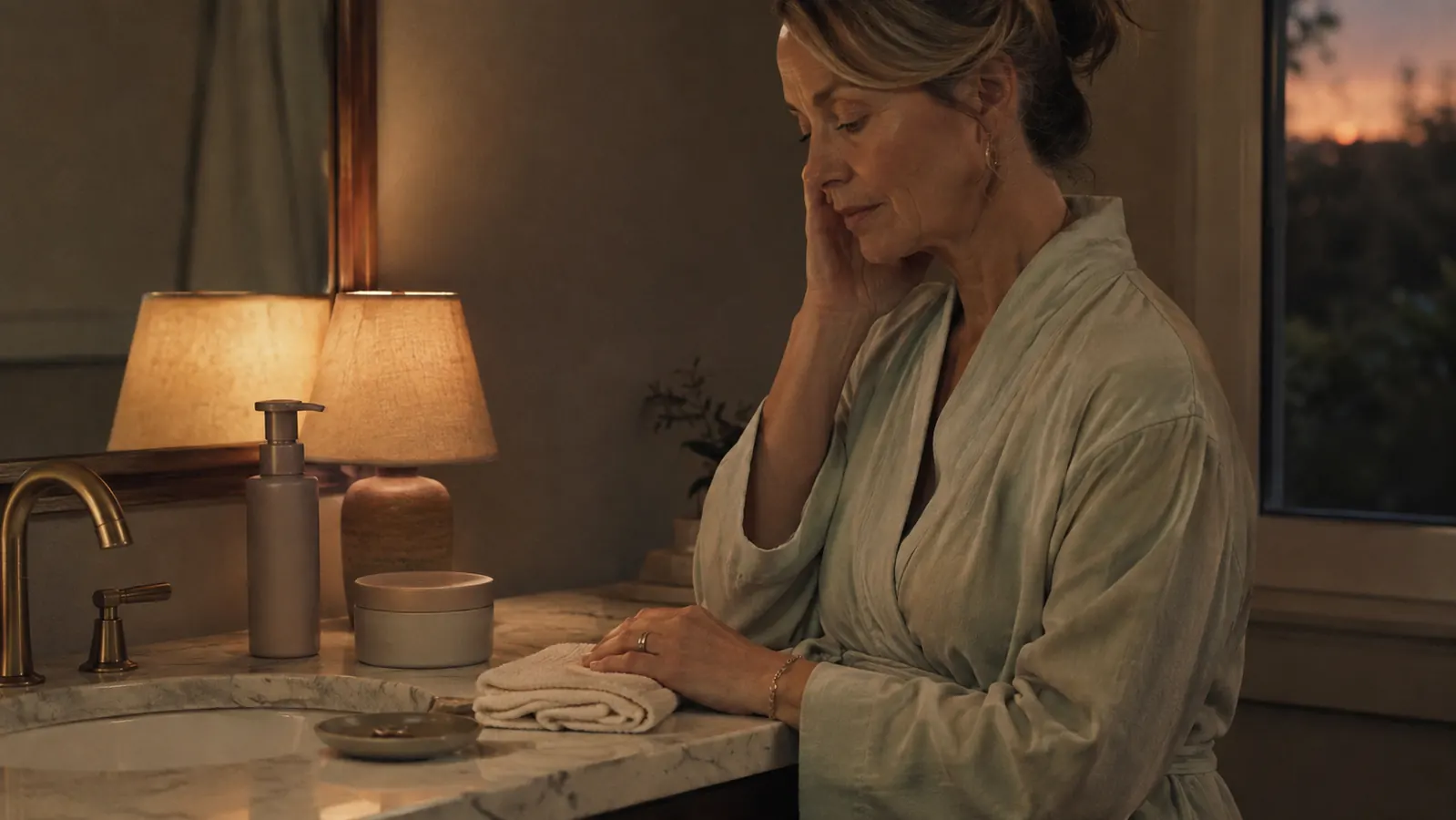 Two night moisturizer bottles standing on a bathroom counter beside a folded hand towel in soft evening light