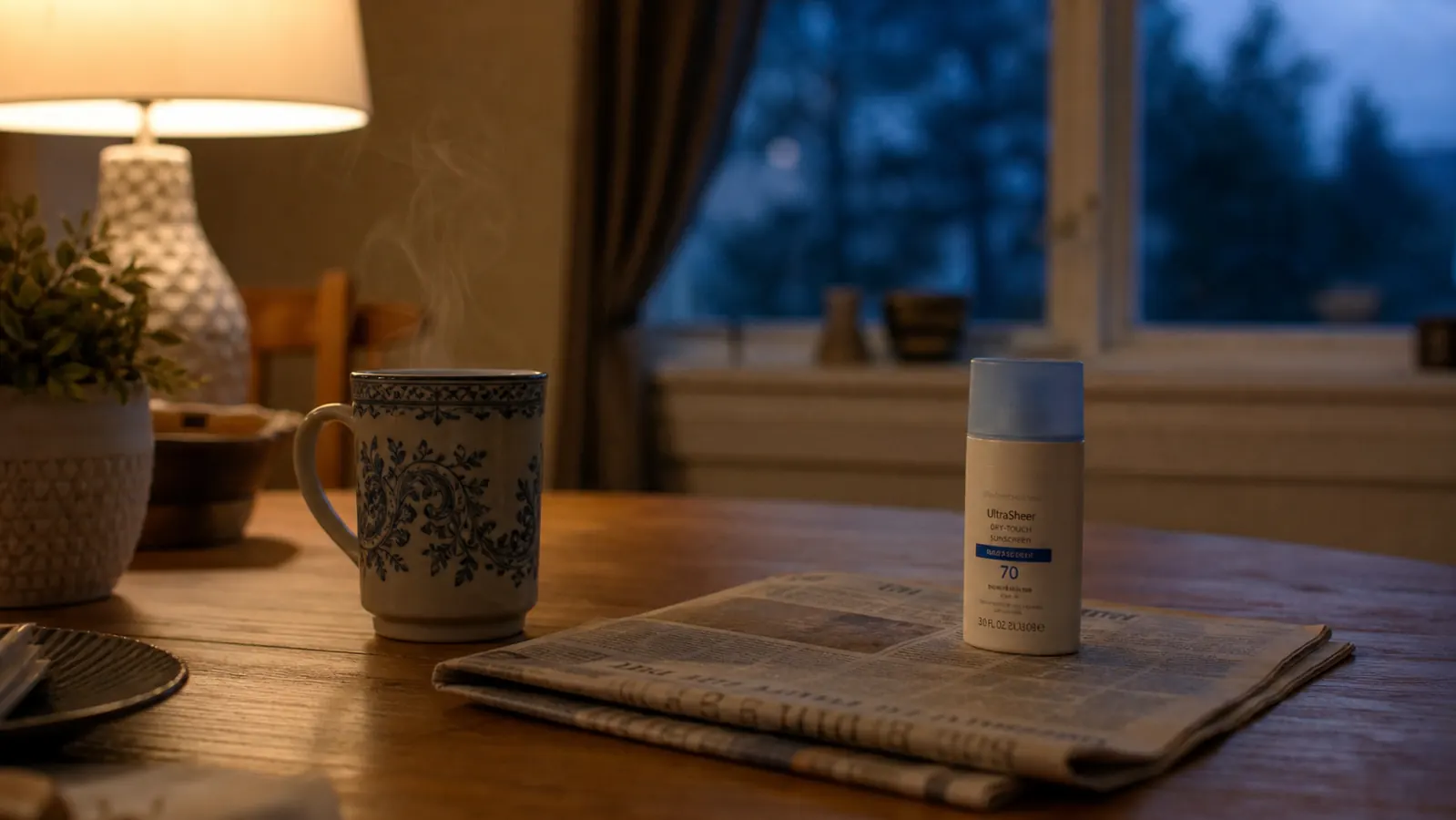 A woman's kitchen table at dusk with a cup of tea, a small sunscreen bottle set beside a folded newspaper, and a window showing the last light of day