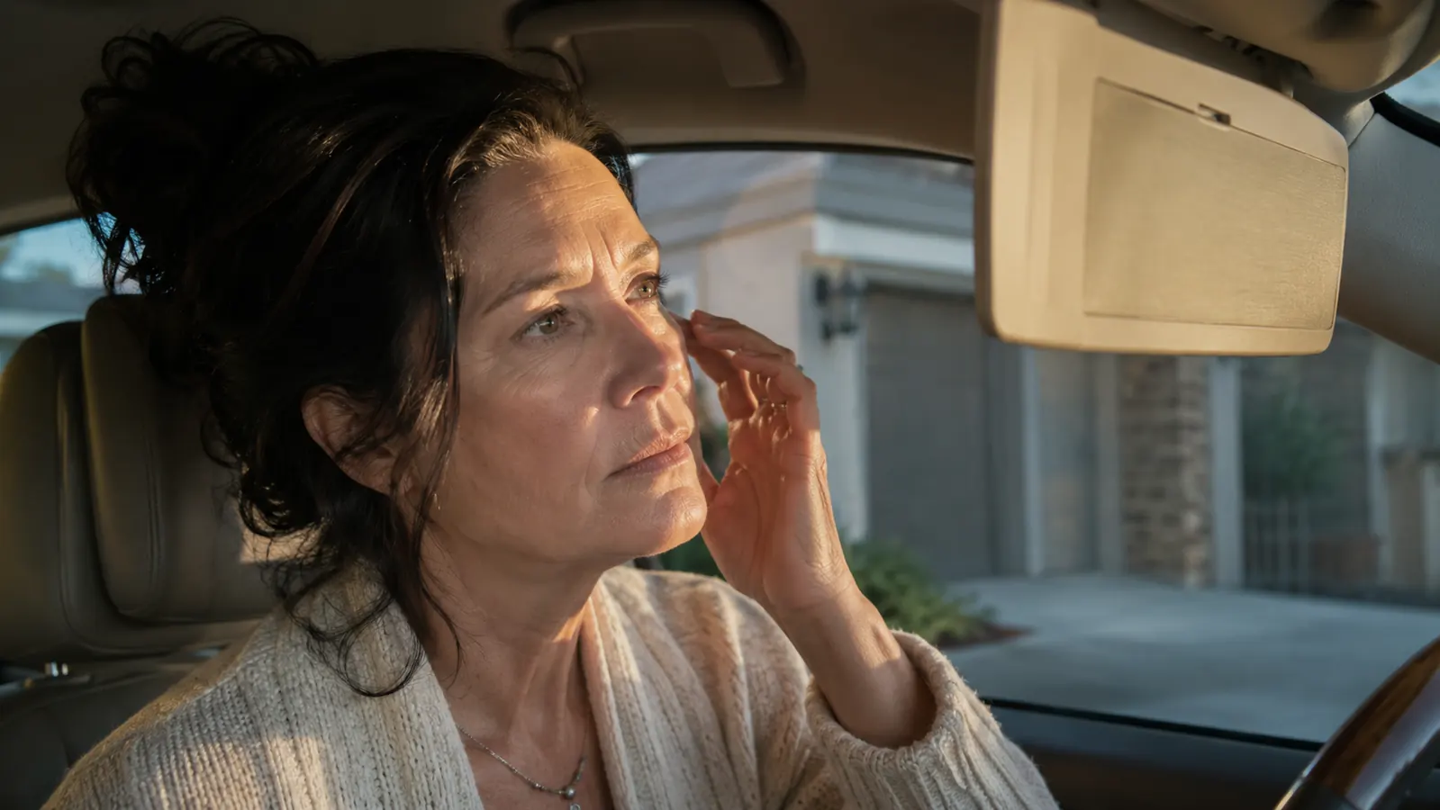 A woman in her fifties sitting in her parked car, afternoon sun coming through the driver's side window, looking at her reflection in the visor mirror
