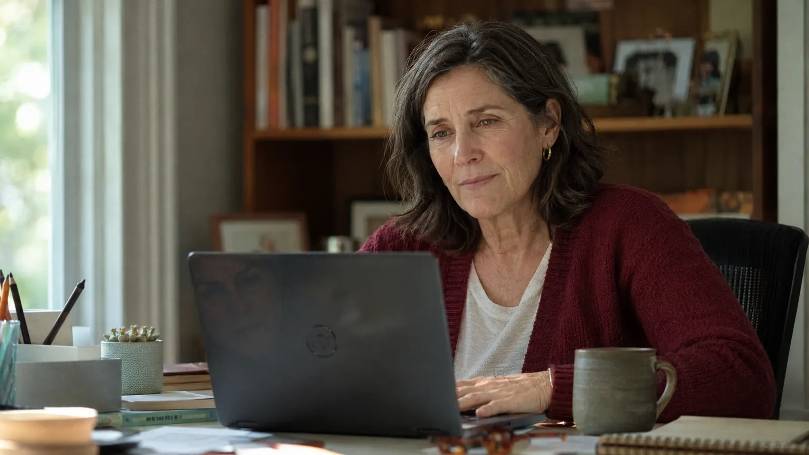A woman in her fifties sitting at a home desk on a video call, her own tired face visible in a small tile on the laptop screen