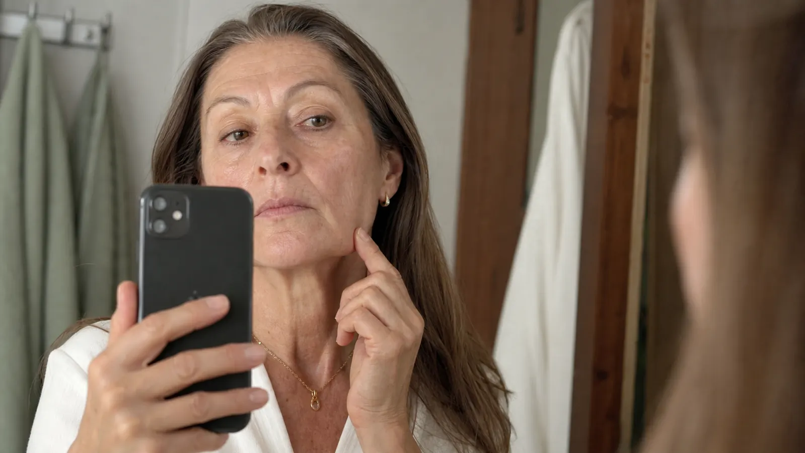 Close-up of a woman's hand holding a phone up to her own cheek in a bathroom mirror, photographing her skin to track progress over time