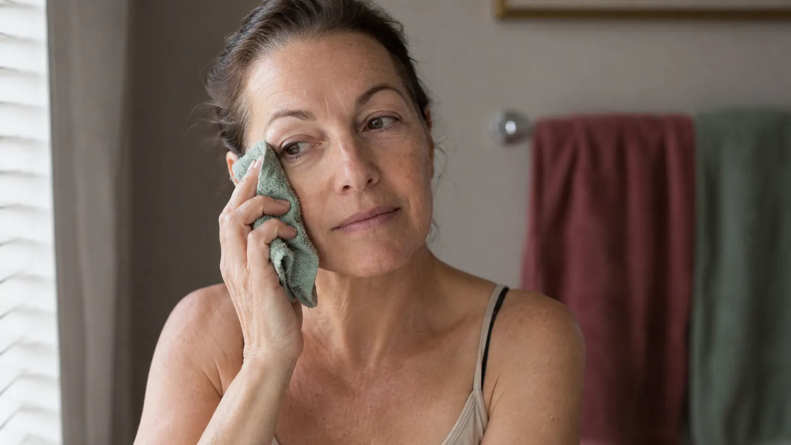 A woman in her fifties at a bathroom sink in soft morning light, holding a cool damp cloth under one eye