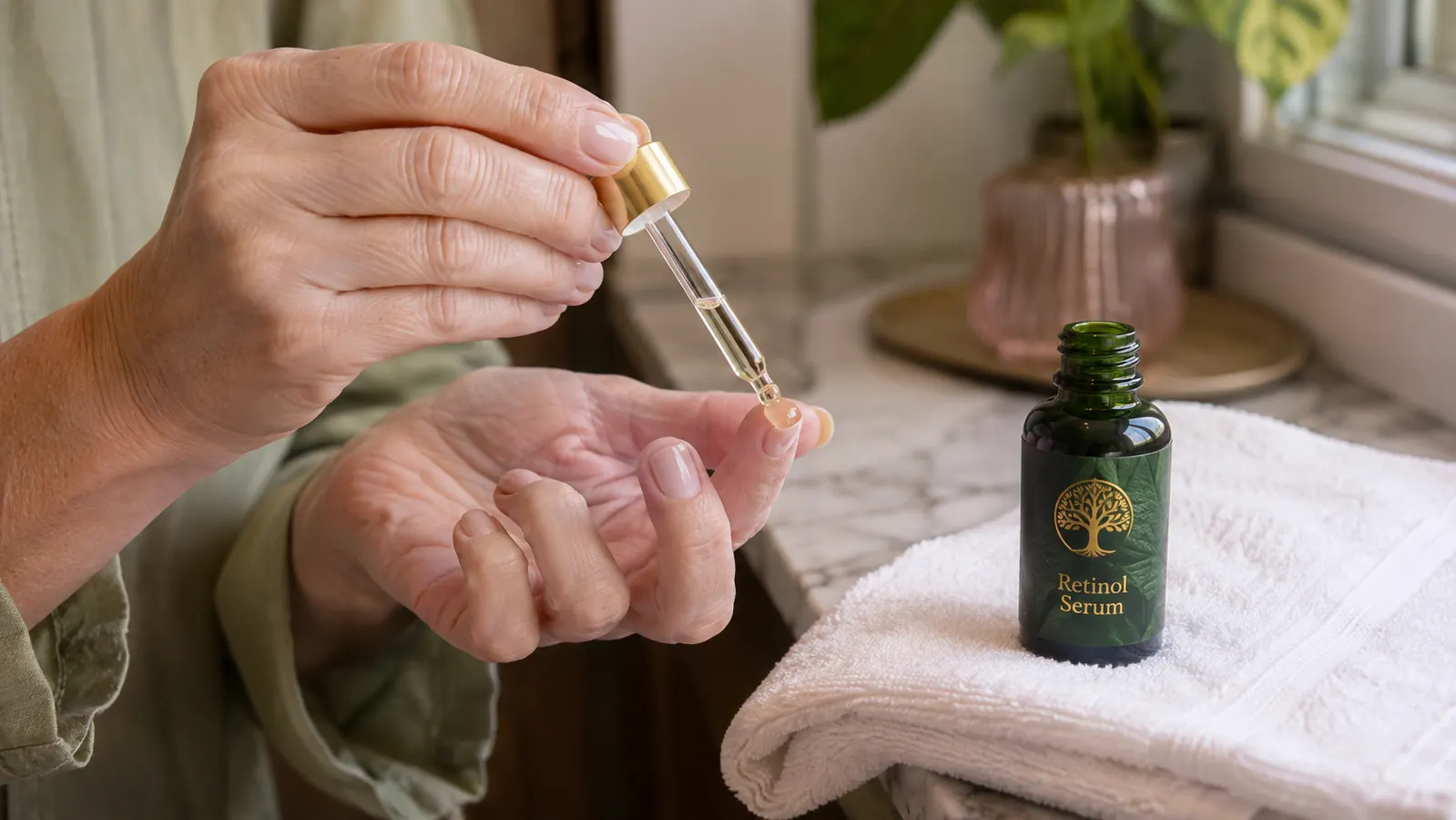 A hand dispensing a pea-sized amount of retinol serum onto fingertips before applying it to the face