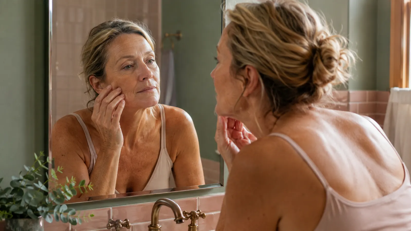 A woman in her fifties looking closely at her skin in a bathroom mirror in soft morning light