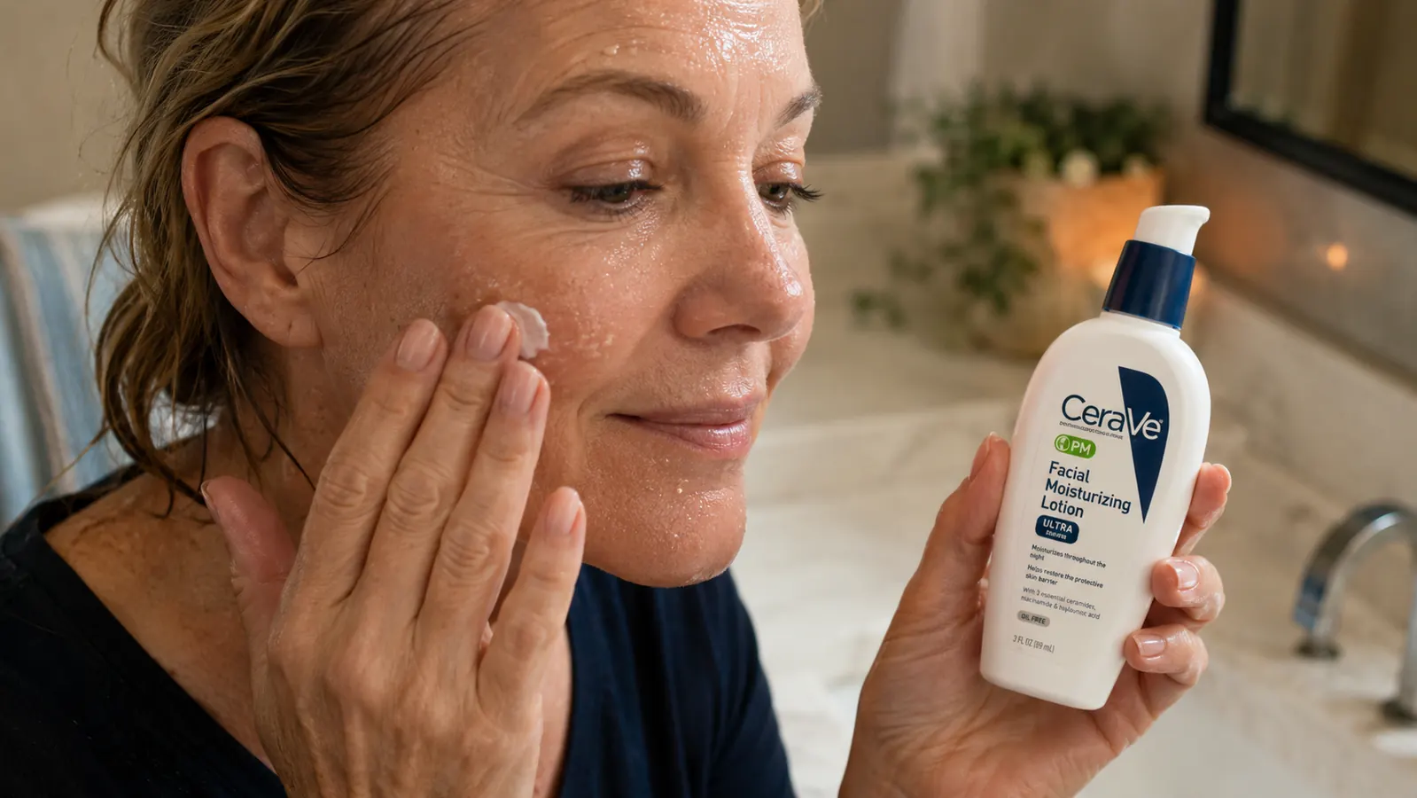 Close-up of a hand pressing CeraVe PM lotion onto a damp cheek just after washing, white pump bottle held in the other hand