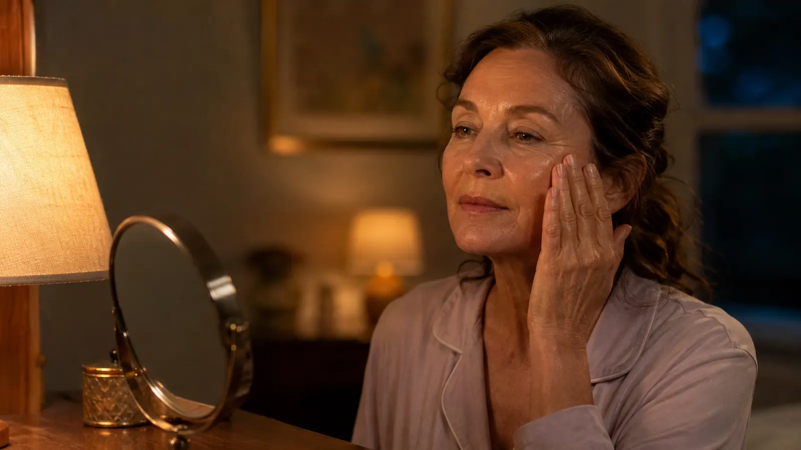 A woman in her fifties in a dim bedroom at night, smoothing moisturizer onto her cheek in front of a dresser mirror by lamp light