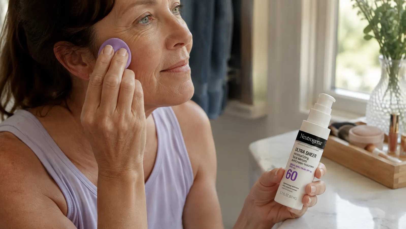 Close-up of a makeup sponge pressing foundation onto a cheek over sunscreen, with the sunscreen bottle held nearby