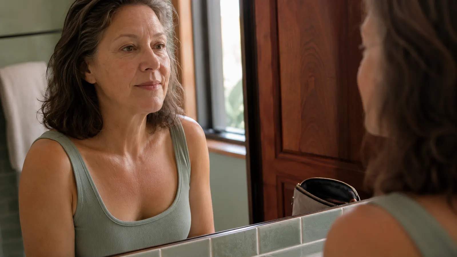 A woman in her fifties at a bathroom mirror in soft morning light, bare-faced with sunscreen just absorbed, about to start her makeup