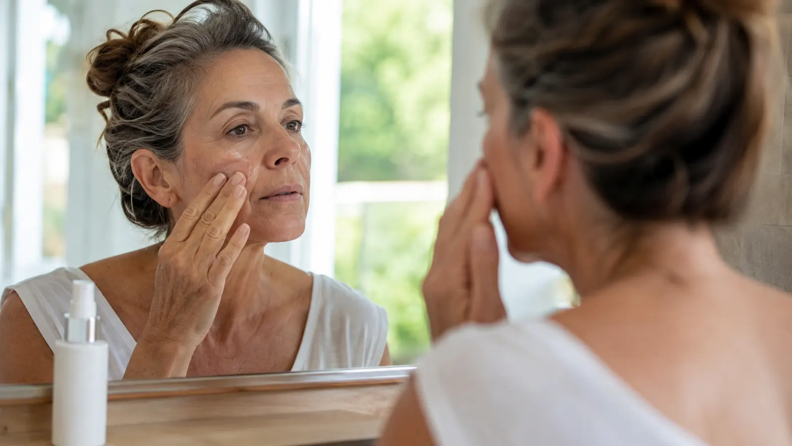 A woman in her fifties stands at a bright bathroom mirror in mid-morning light, smoothing a clear sunscreen serum across her cheek with two fingers, a slim pump bottle visible on the counter