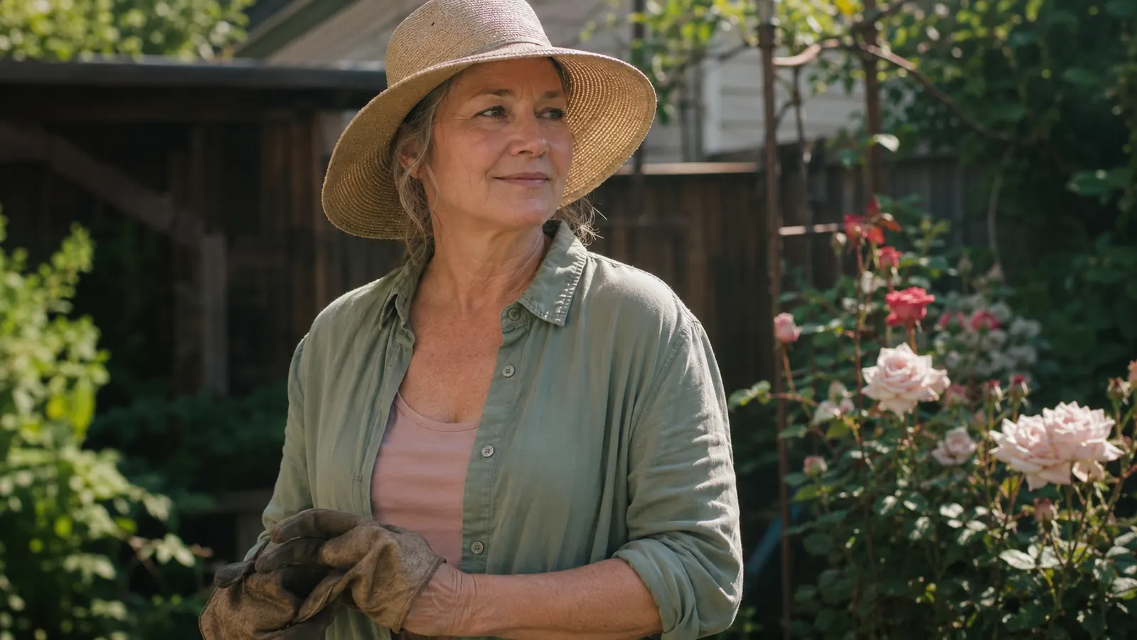 A woman in her fifties standing in a sunlit garden in a wide-brimmed hat, touching her cheek with a bare face