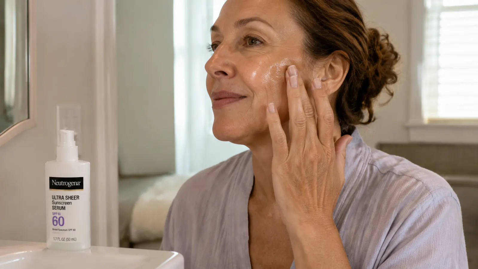 A woman's fingertips spreading a sheer sunscreen serum across her cheek in front of a bathroom mirror