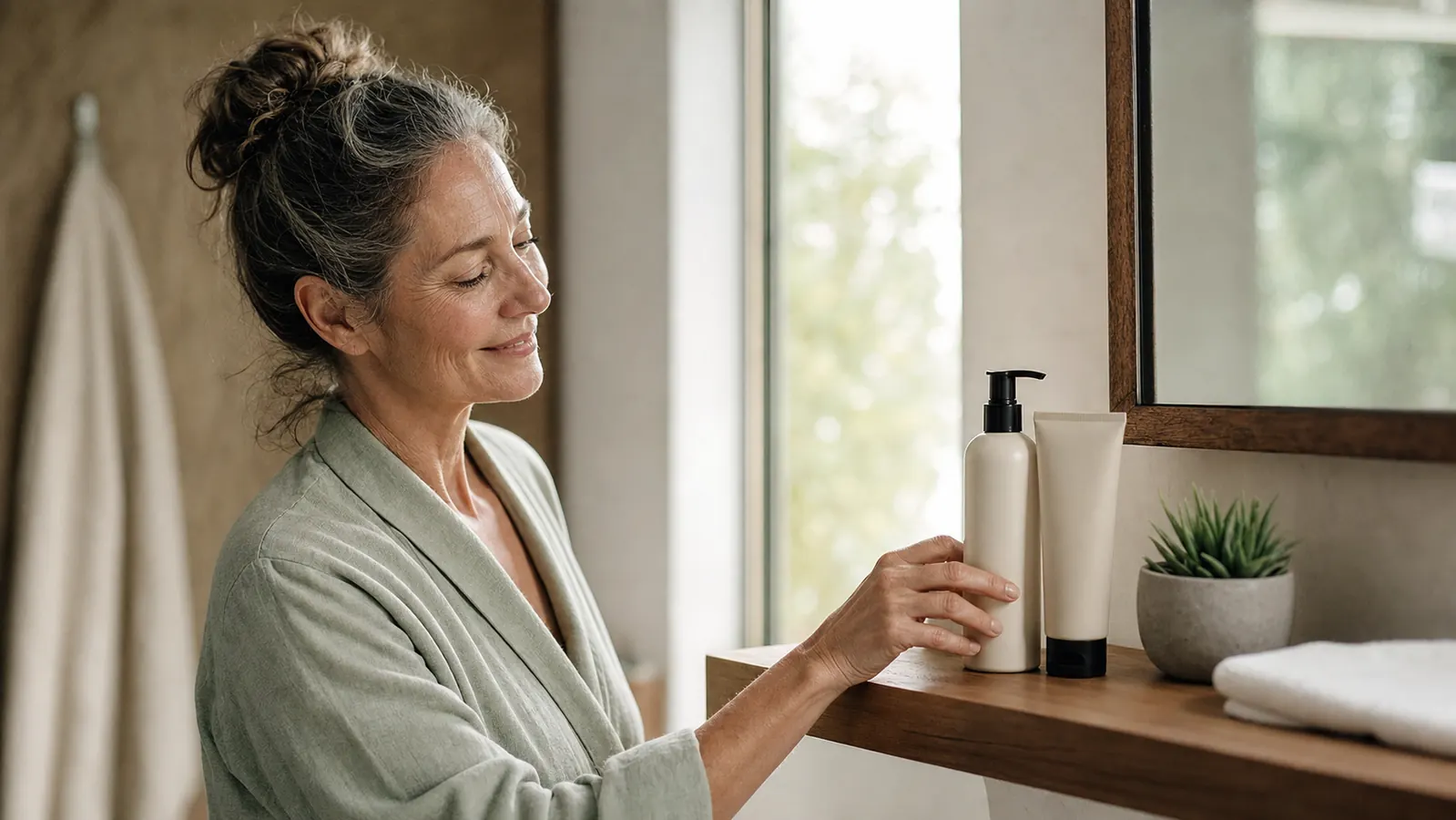 A sunscreen serum bottle and a small tube of mineral sunscreen standing side by side on a bathroom shelf in morning light