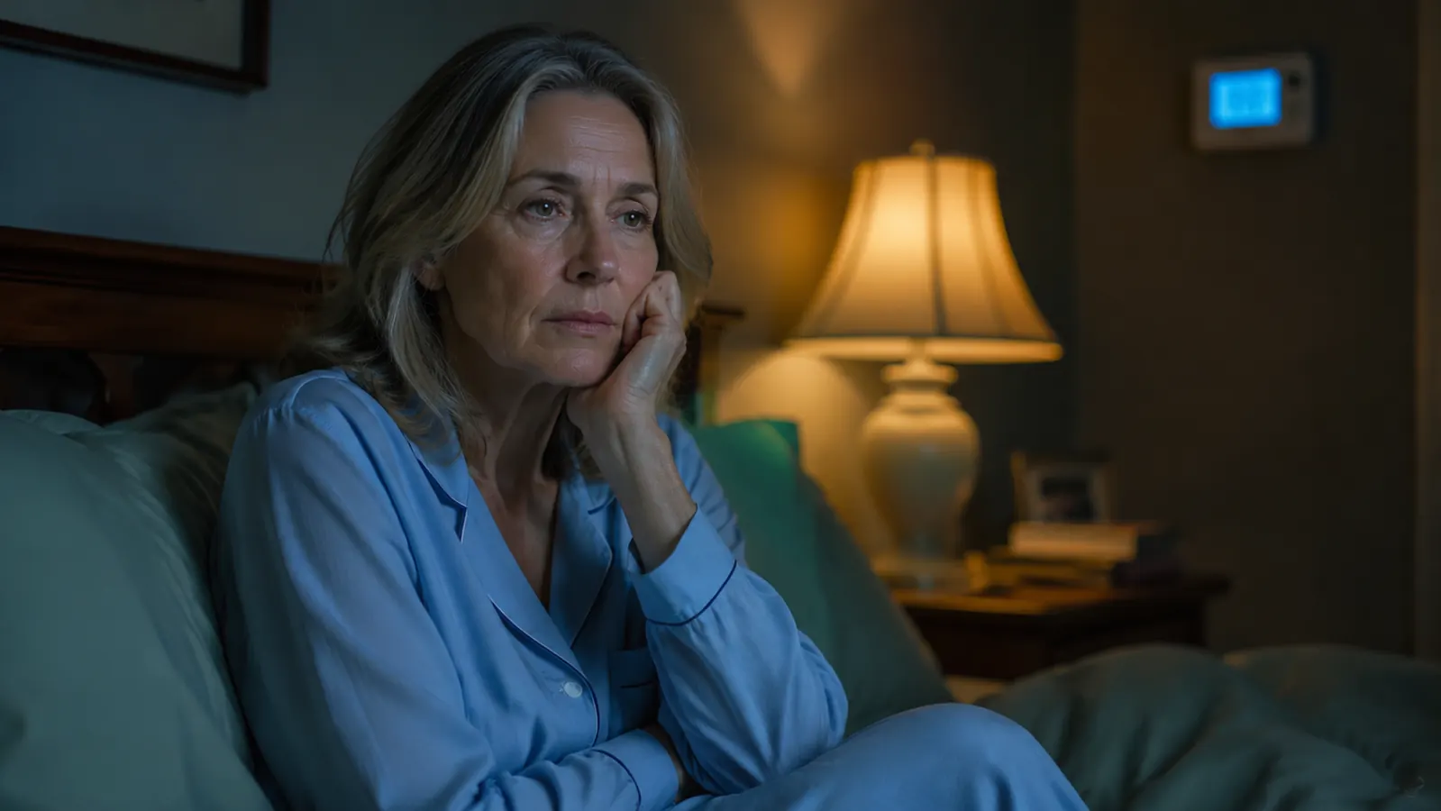 A woman in her fifties sitting up in bed in the middle of the night, touching her cheek, thermostat glowing faintly on the wall behind her