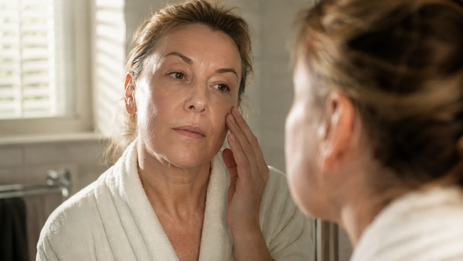 Woman in her fifties examining her skin closely in a softly lit bathroom mirror in the early morning