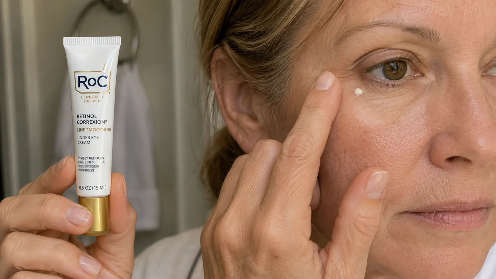Close-up of one hand holding the RoC eye cream tube while the other hand's ring finger presses a tiny dot of cream just below the eye
