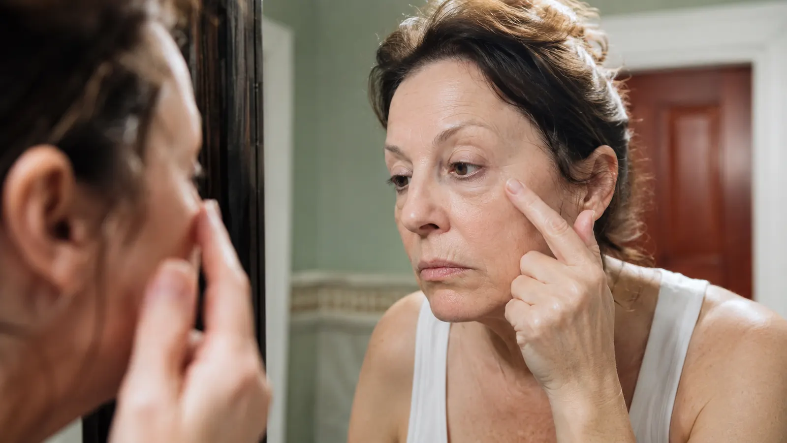 A woman in her fifties leaning close to a bathroom mirror, tilting her chin down to examine the skin under one eye in honest daylight
