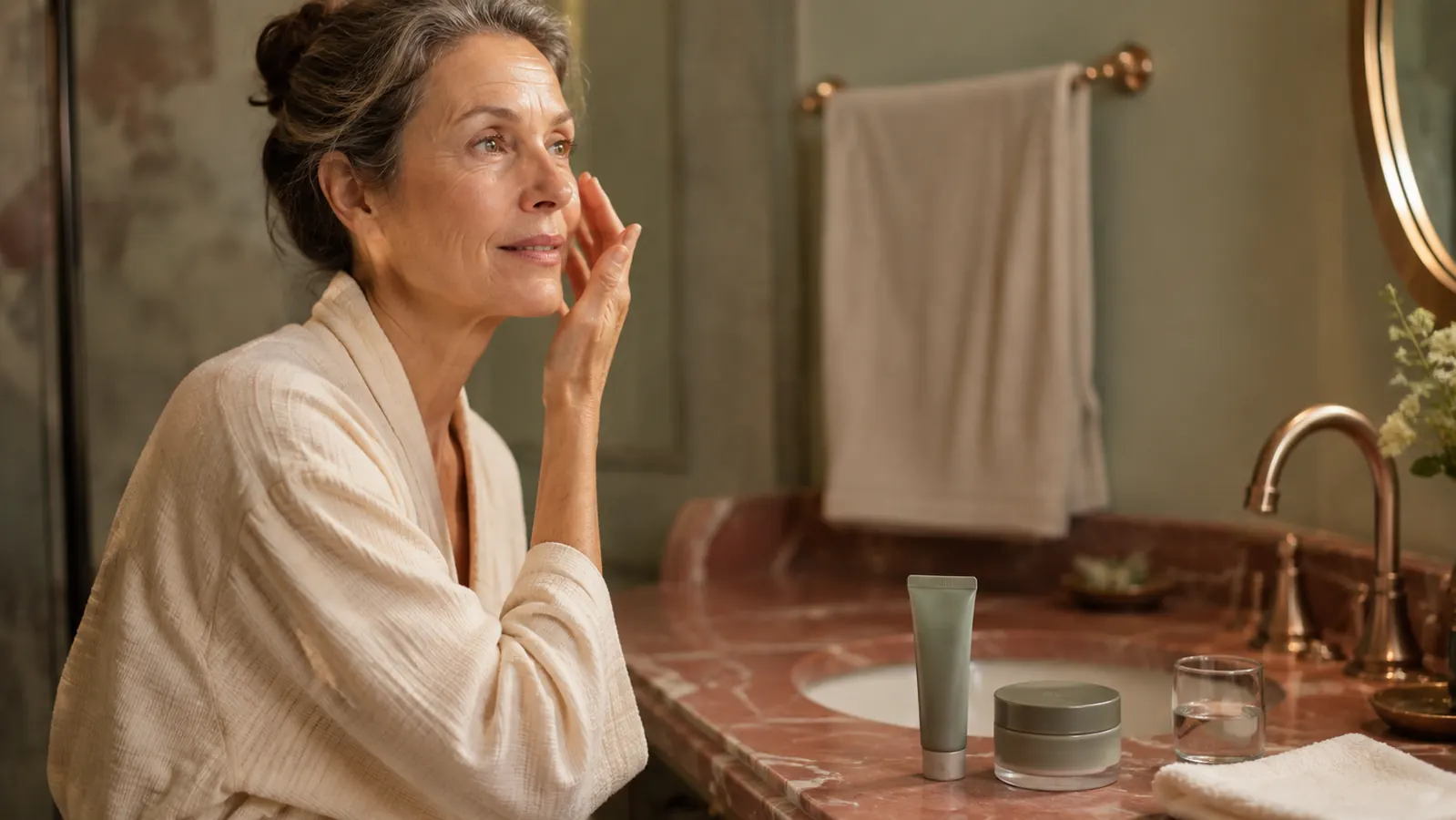 A slim RoC eye cream tube and a round Olay eye cream jar standing side by side on a bathroom counter in soft morning light