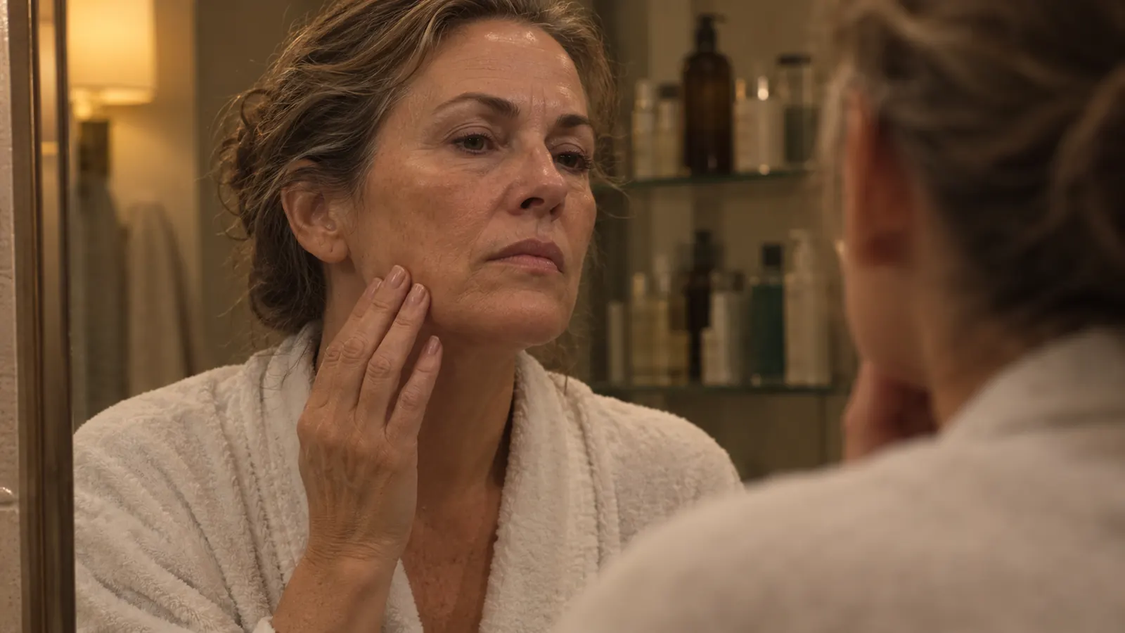 A woman in her fifties leans close to a bathroom mirror in dim evening light, examining her cheek with a neutral, unguarded expression, an amber dropper bottle resting on the counter beside her