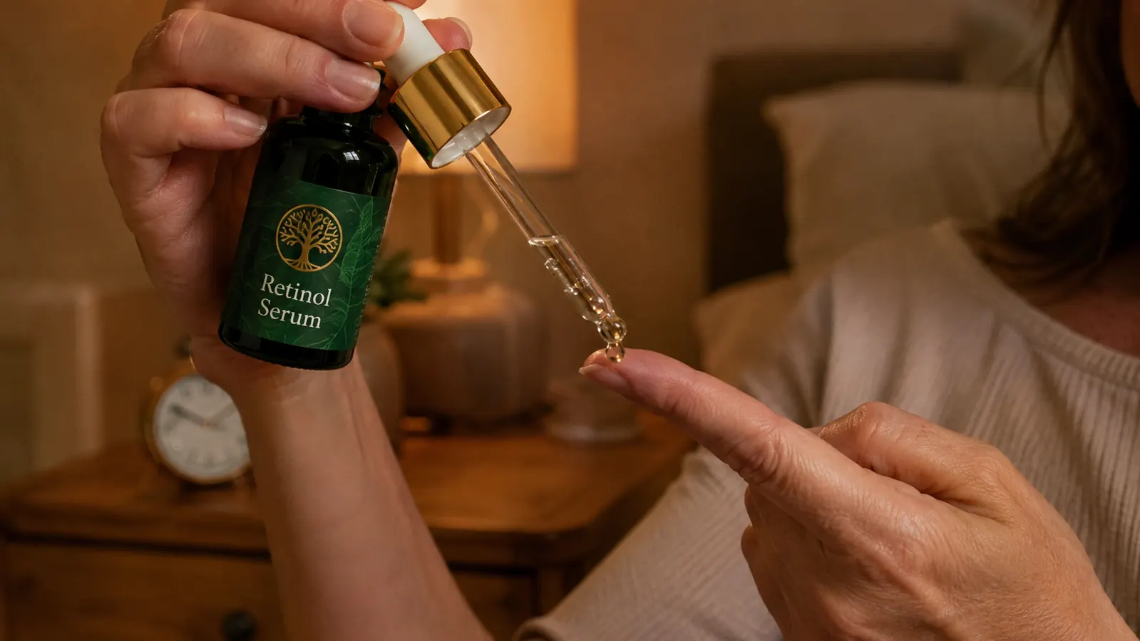 Close-up of a hand pressing two drops of retinol serum onto a fingertip above an open dropper bottle on a nightstand
