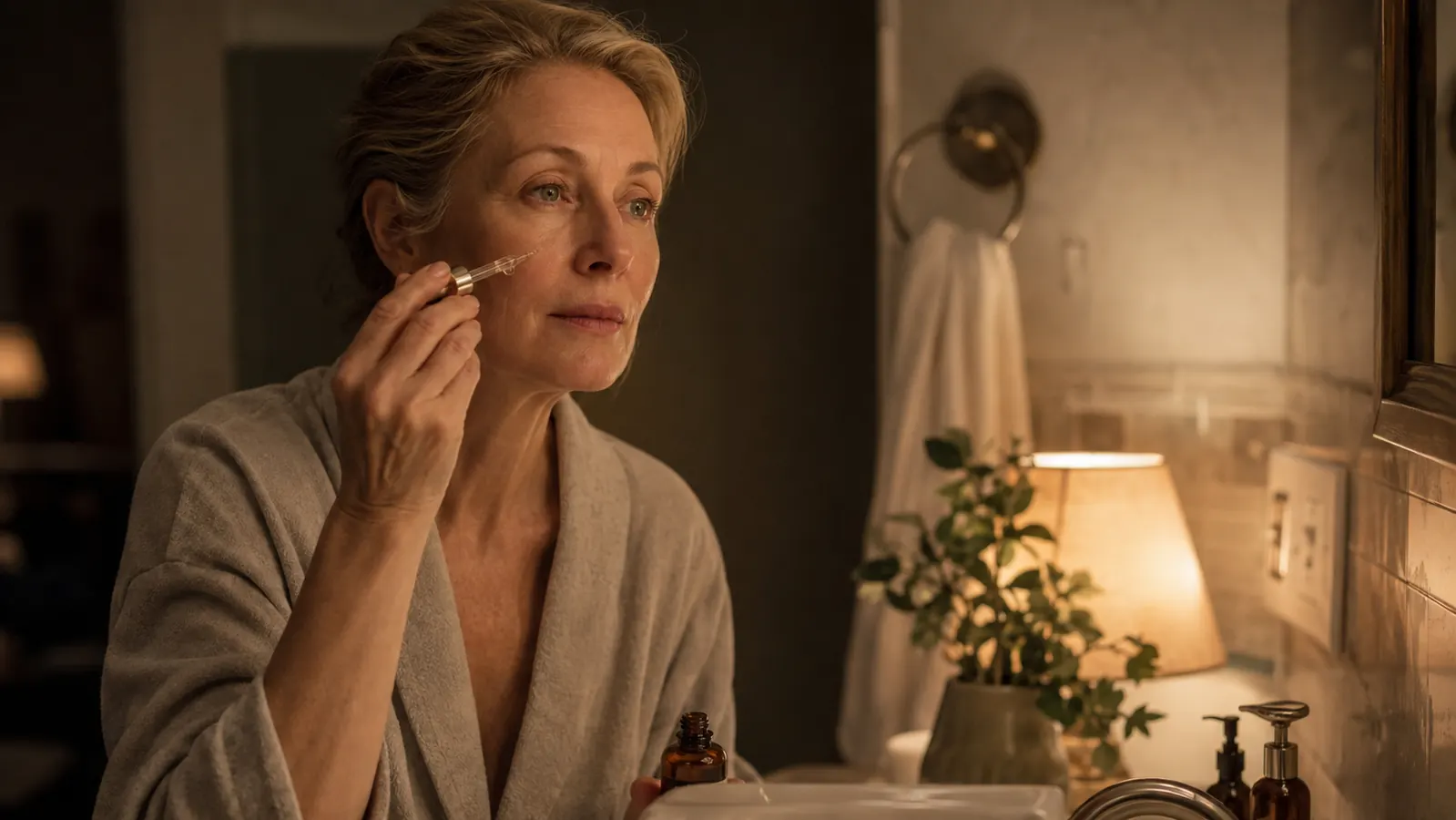 A woman in her fifties standing at a bathroom mirror at night, dropper bottle of retinol serum in hand, warm low lamp light