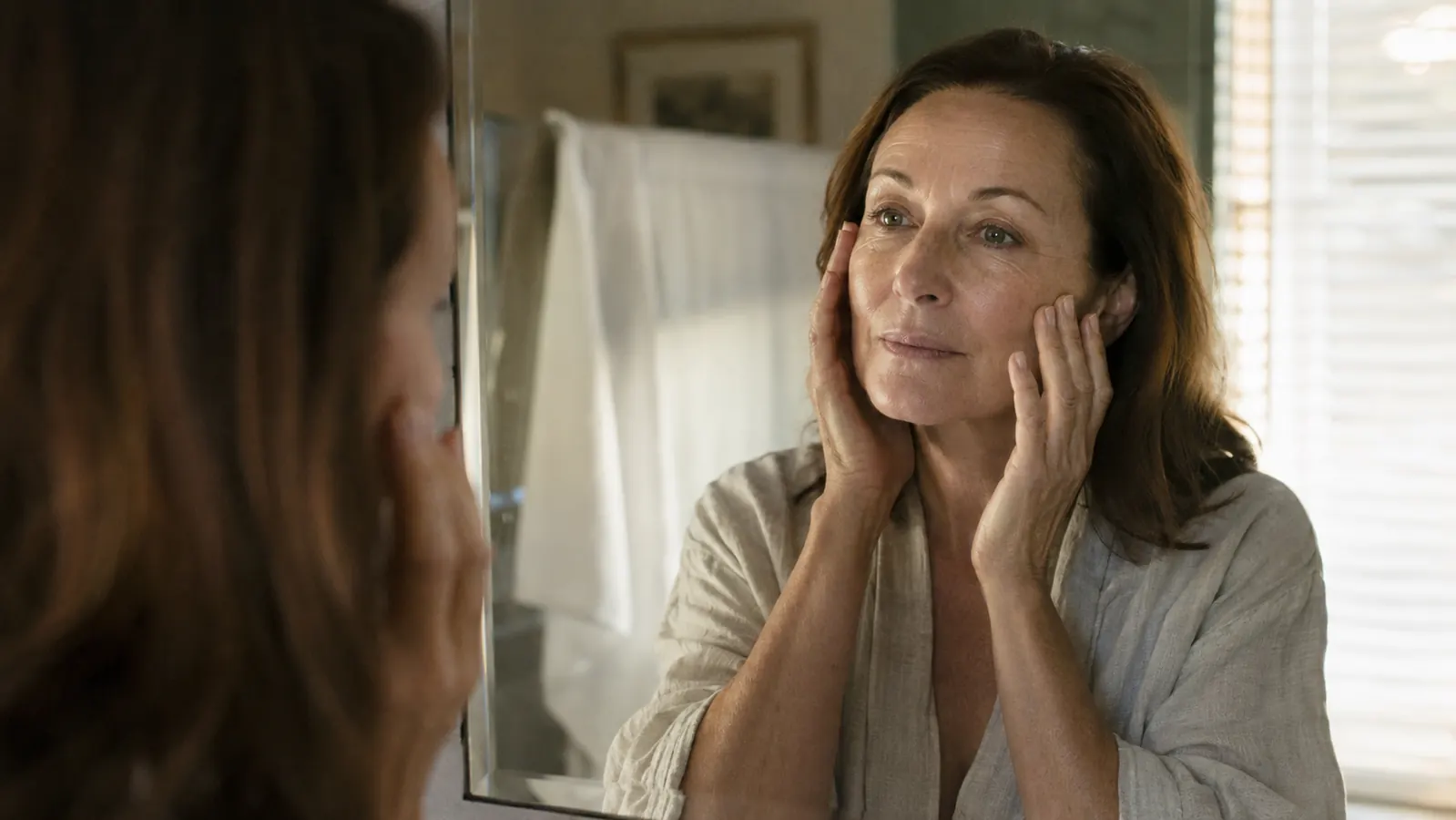 A woman in her fifties looking at her reflection in a bathroom mirror in the early morning, natural light, no makeup