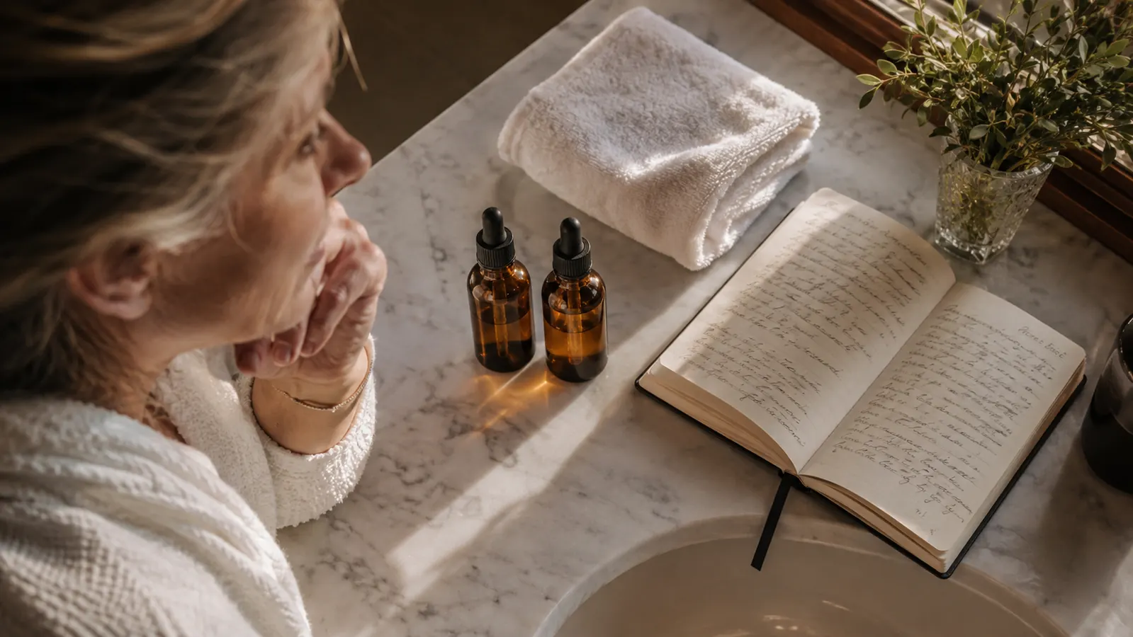 Two amber serum bottles side by side on a bathroom counter next to a folded washcloth, soft morning light