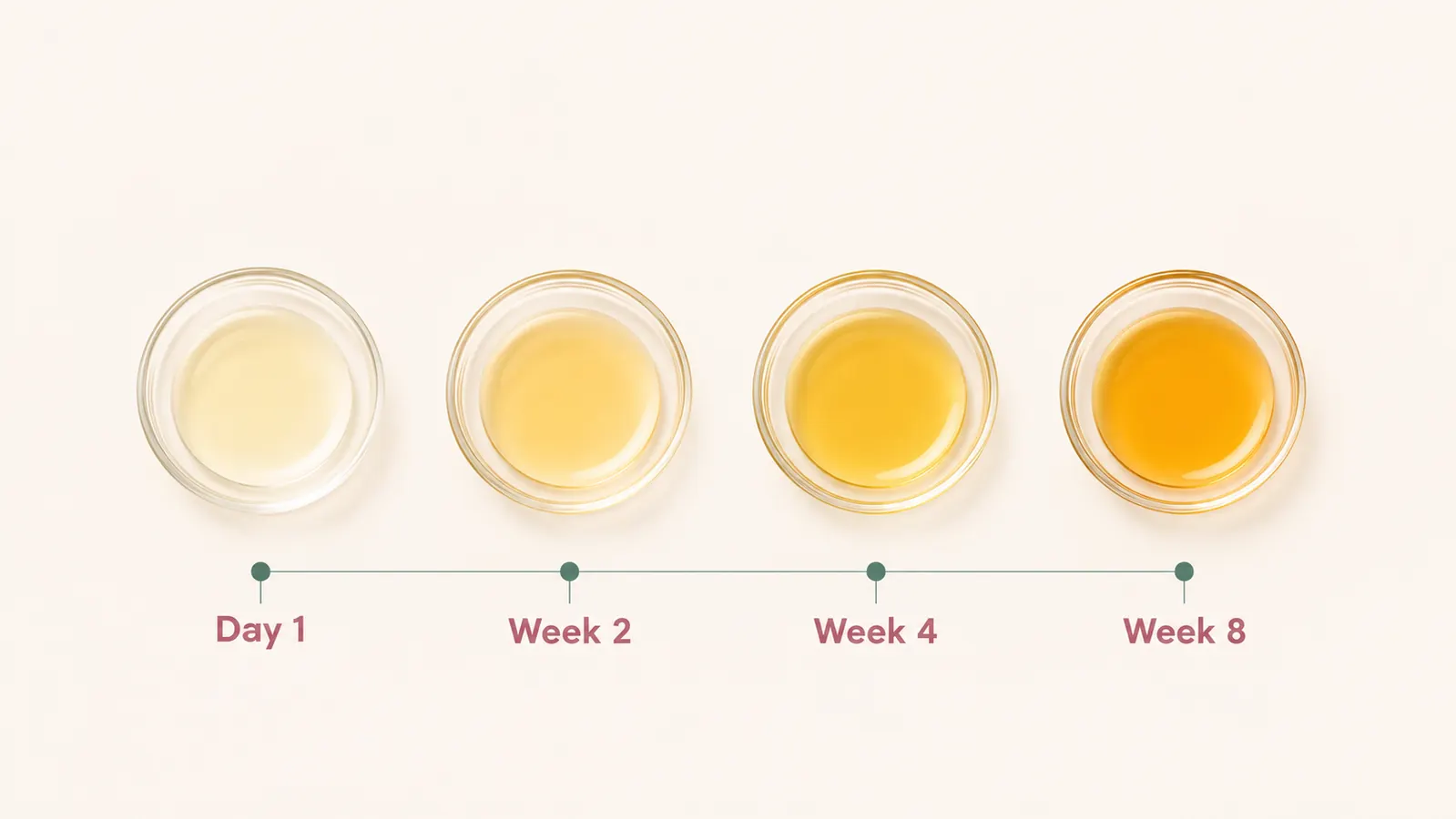 A simple four-panel chart showing small dishes of vitamin C serum ranging from pale yellow on day one to deeper amber gold by week eight, labeled by week