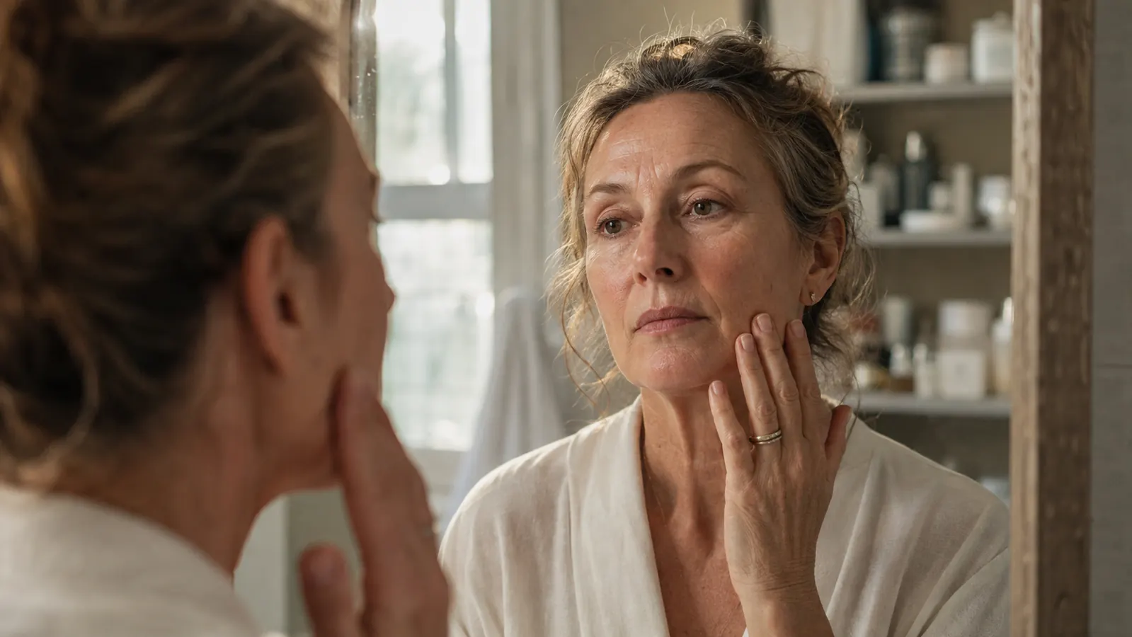 A woman in her fifties studies her reflection in a bathroom mirror in soft early morning light, an amber serum bottle visible on the counter in front of her