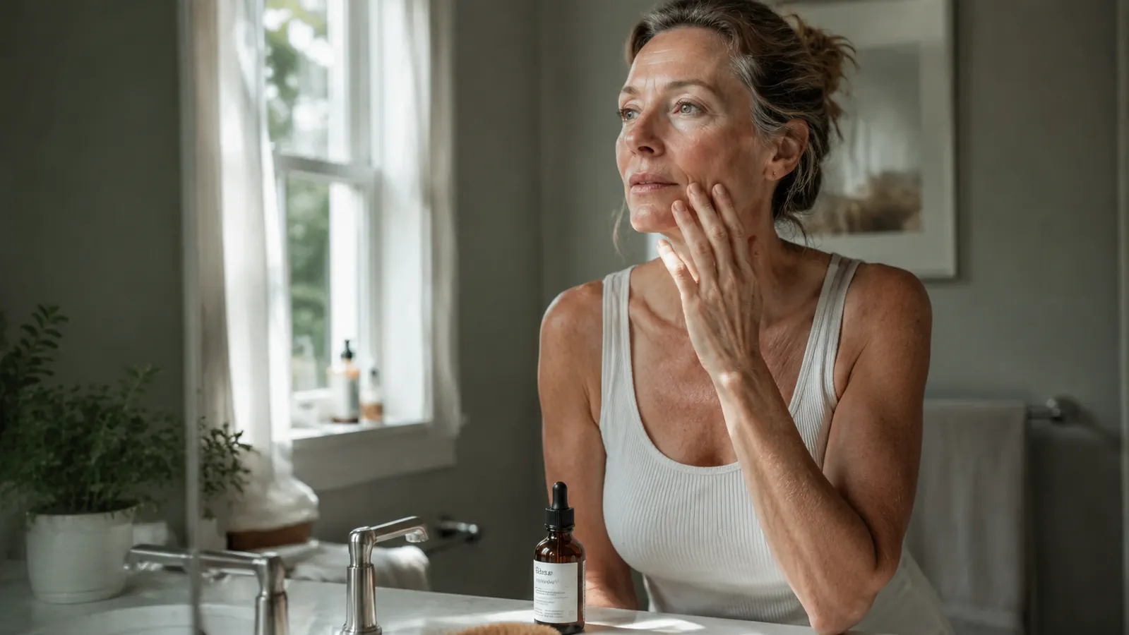 A bathroom counter at early morning light with an amber glass vitamin C serum bottle and a hand mirror, soft natural window light
