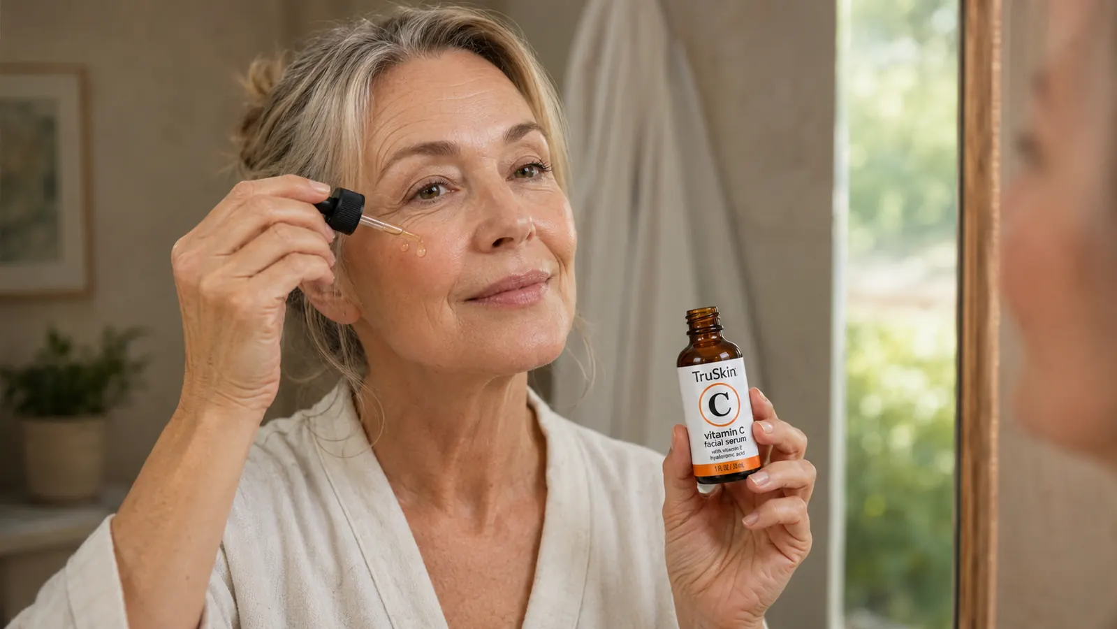 A woman's hand applying a few drops of vitamin C serum to her cheek in front of a bathroom mirror