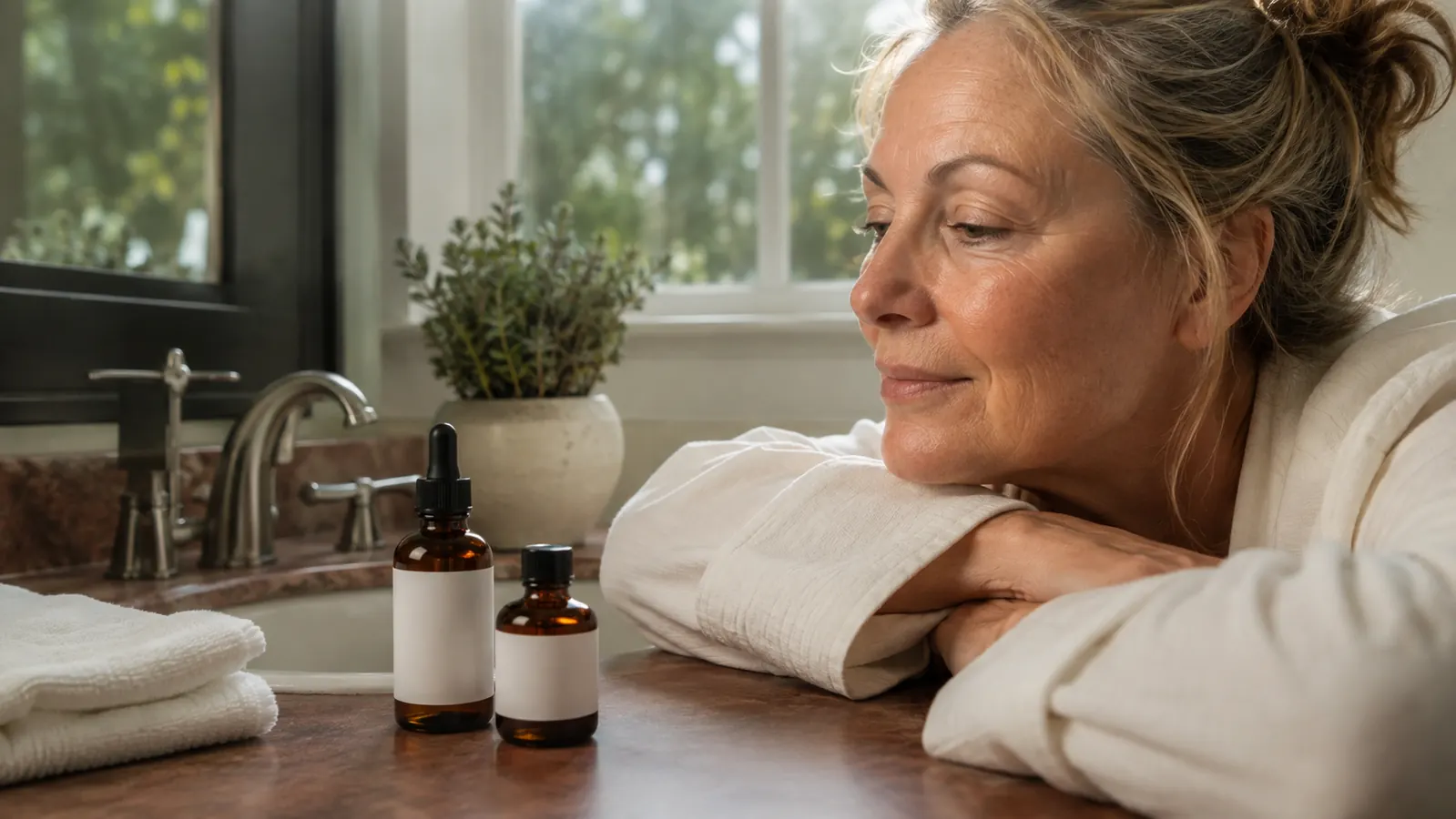 Two amber vitamin C serum bottles standing on a bathroom counter next to a folded hand towel, morning light coming through a window