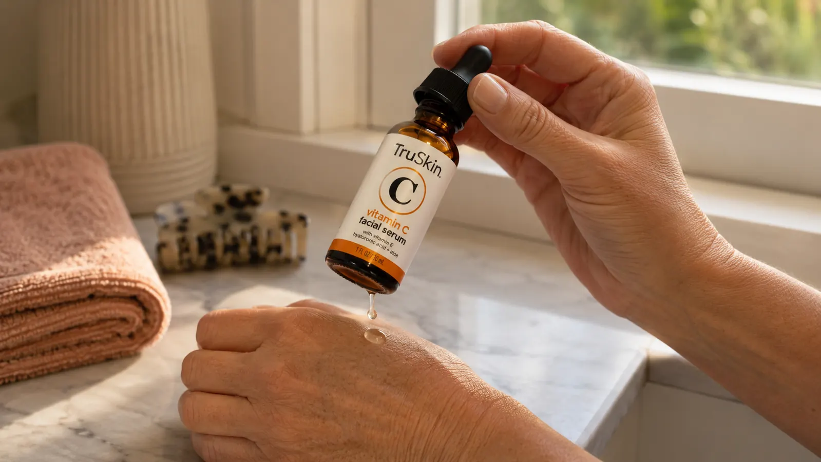 Close-up of a hand holding the TruSkin vitamin C serum dropper above the back of the other hand on a bathroom counter