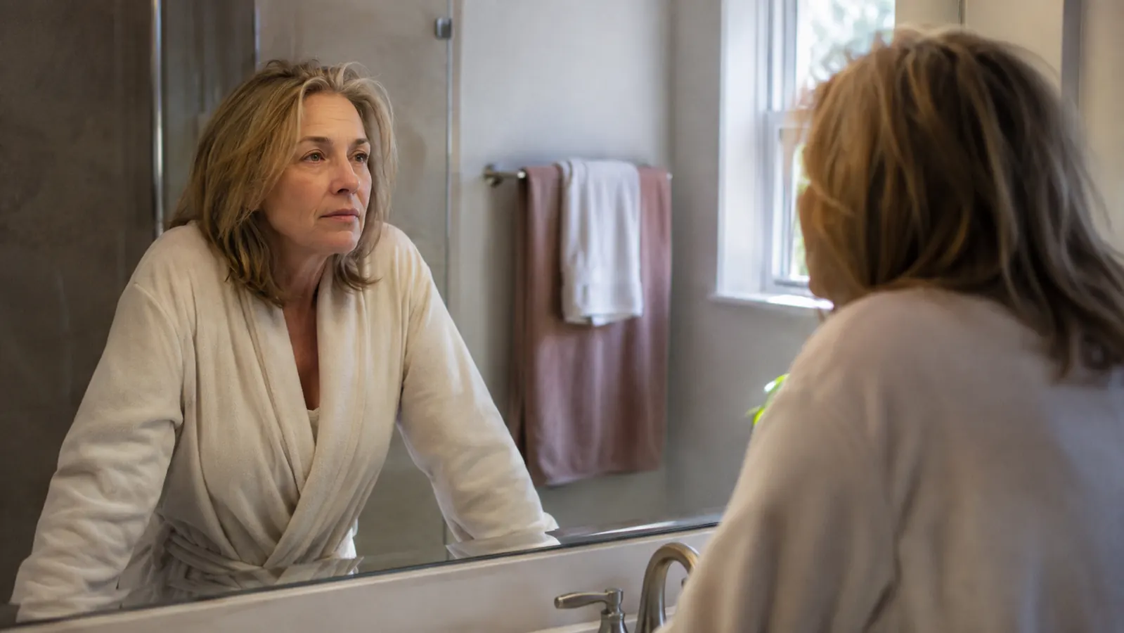 A woman in her fifties standing at a sunlit bathroom sink, studying her reflection in the mirror before starting her morning routine